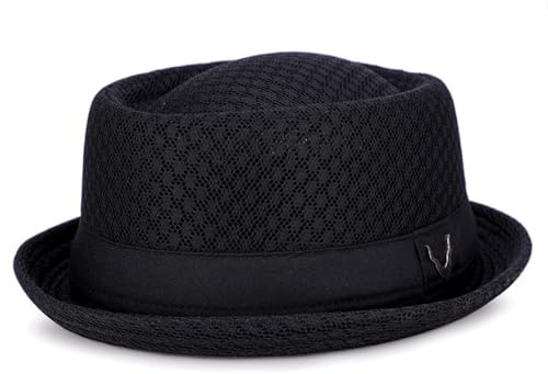 Summer Mesh Pork Pie Hat Trilby Fedora Hat for Men Women Roll-Brim Travel Beach Sun Hat Vintage Bowler Derby Cap UPF 50+ Black