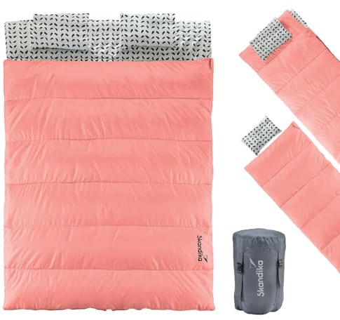 Skandika Doppelschlafsack Iceland Double | Schlafsack 2 Personen 3 Jahreszeiten, mit/ohne Flanell, Baumwolle, Kissen, 220 x 150 cm, als Einzelschlafsack nutzbar | Deckenschlafsack Familienschlafsack