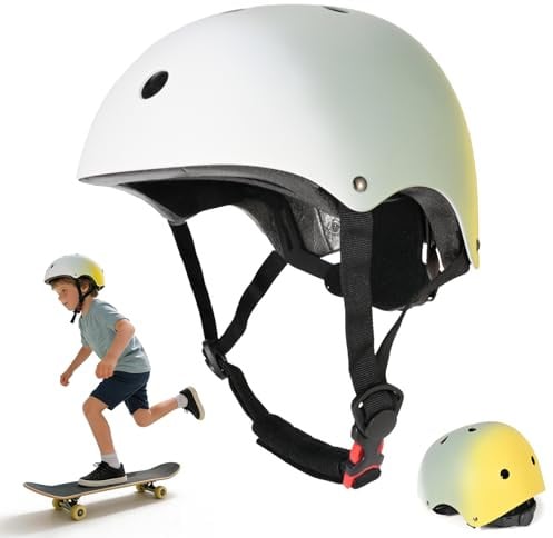 Casco per bambini regolabile, casco da bicicletta per bambini resistente agli urti e agli impatti, 11 prese d'aria, imbottitura in schiuma (Bianco & Il grigio e giallo., S (51-55 cm))