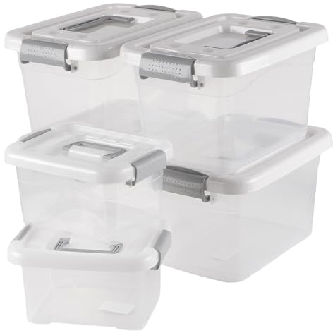 6 Stück Aufbewahrungsboxen mit Deckel 2 Größen 27x20x16,5cm 20x15,5x11cm | CHUENKUK, Transparente Kunststoffbehälter, weiße Abdeckung, stapelbar, vielseitig für Wohnzimmer Schlafzimmer Garage