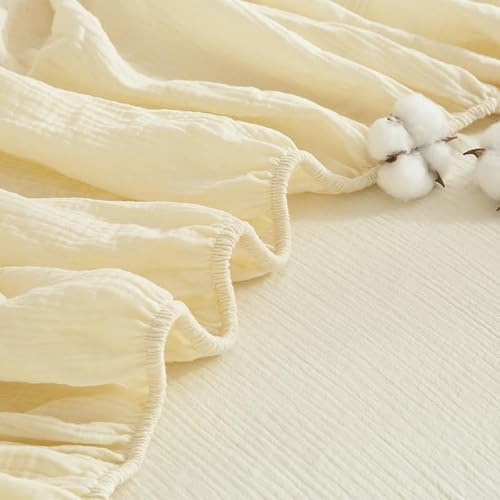 Gezu Musselin, Spannbettlaken, 90 x 200 cm, 100 % Baumwolle, Beige, Spannhöhe 30 cm, einfarbig, Bettlaken aus Baumwollgaze, atmungsaktiv, für dicke Matratzen, hypoallergen, ohne Bügeln, elastischer