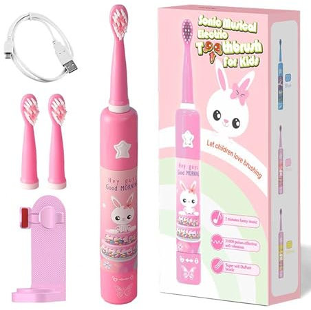 UUE Elektrische Zahnbürste Kinder, Kinderzahnbürste Elektrisch mit 2 Ersatzbürsten, 3 Geschwindigkeitsstufen, USB-aufladbare Musikzahnbürste, Wasserdicht IPX7, Timer, Weiche Borsten, für ab 3 Jahre