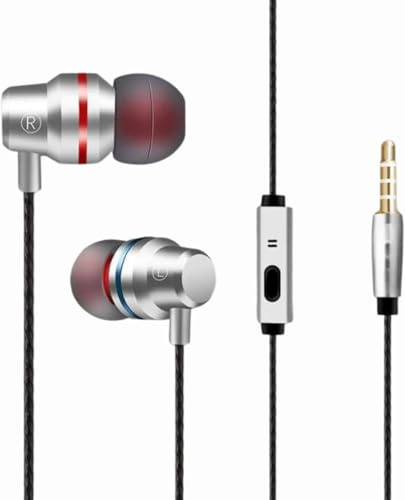 Wired In-Ear Headphones with Mic, 3.5mm Jack Earbuds, HiFi Stereo Sound, Deep Bass, Noise-Isolating, Ergonomic Earphones Compatible with Phones, Laptops, Tablets & MP3/MP4 (Silver)