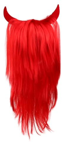 Healvian Cosplay Perücke mit Hörnern Rot PET Haare für Halloween und Party Teufelskostüm Accessoire