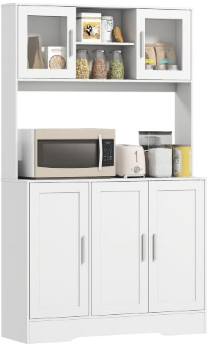 HOMCOM Alacena de Cocina, con 2 Puertas de Vidrio 108x35x180 cm Blanco | Mueble Auxiliar de Cocina, Encimera Amplia para Microondas, Compartimentos Abiertos, Estantes Ajustables