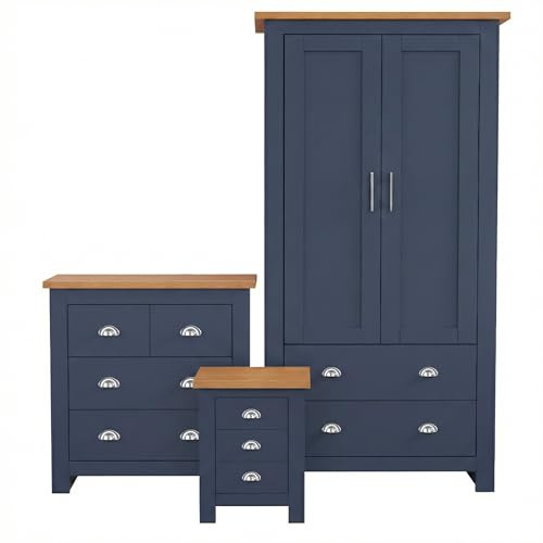 Blisswood Wardrobe Sets Bedroom Furniture 3 Piece Bedroom Set with 2 Door Wardrobe & 2+2 Drawer Chest of Drawers + 3 Drawer Bedside Cabinet for Bedroom Storage Furniture (Blue & Oak)