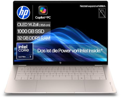 HP OmniBook Ultra, 14 3K OLED, Intel Core Ultra 7, 32GB RAM, 1TB SSD | Premium-KI-Notebook mit Touchdisplay, 50 NPU TOPs für kreative Projekte & produktives Arbeiten - kein Netzteil, QWERTZ, Sand