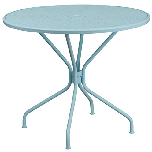 Flash Furniture Oia Terrassentisch aus Stahl für den Innen- und Außenbereich, rund, mit Schirmloch, Metall, Himmelblau, 89,5 cm