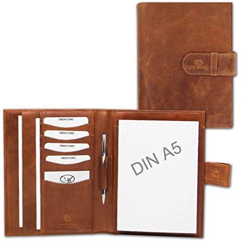 ALMADIH Leder A5 Schreibmappe Schreibblock Premium Rindsleder Braun Deluxe Ledermappe Mappe Dokumentenmappe Organizer Konferenzmappe Systemplaner Aktenmappe Terminplaner Notizbuch (A5 Schreibmappe BD)