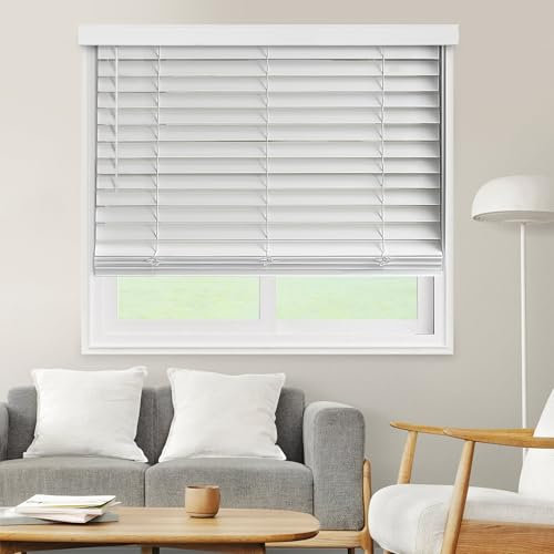 CHICOLOGY 2 Cordless Faux Wood Blinds, Room Darkening Smooth PVC Window Blinds, Cordless Lift, Light Control and Privacy, Inside/Outside Mount, Moisture Resistant, Basic White, 72 W x 48 H