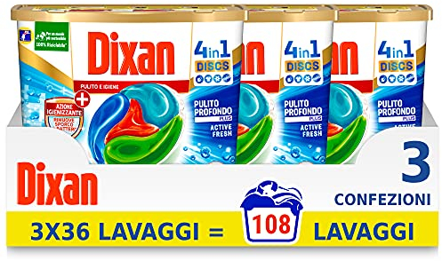 Dixan Discs Reinigung & Hygiene Waschmittel vordosiert in 4 in 1 Kapseln 3 x 36-108 Waschgänge - 2700 g