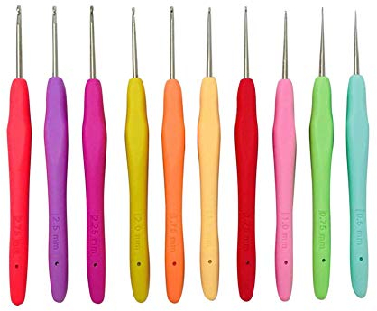 10 Stück Kleines Häkelnadel-Set 0,5 mm bis 2,75 mm ergonomische Häkelnadeln mit weichem Griff Faden häkeln Schnürhaken aus Stahl