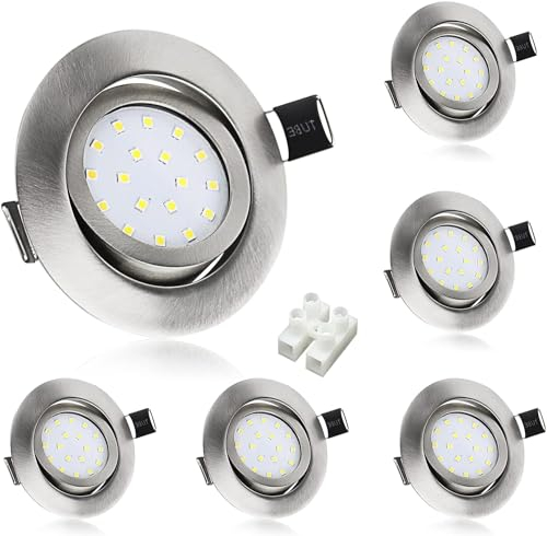 Wondlumi Einbaustrahler LED 5W Neutralweiß Flach LED Spots 230V mit 40° Schwenkbar Spots Deckenleuchte Edelstahl Gebürstet Rund Einbauleuchten, 6er Set