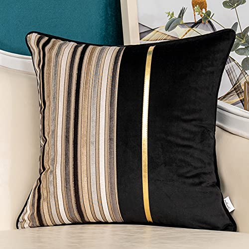 Yangest Schwarzer gestreifter Patchwork-Samt-Kissenbezug, Goldener Leder-Kissenbezug, moderner neutraler Kissenbezug für Sofa, Couch, Schlafzimmer, Wohnzimmer, Heimdekoration, 50,8 x 50,8 cm