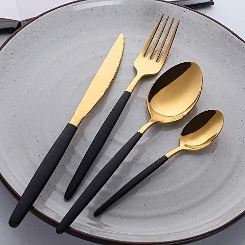 Black and Gold - Juego de cubiertos de acero inoxidable de titanio con mango negro dorado para 1, incluye 1 cuchillo, 1 tenedor, 1 cucharada, 1 cucharadita, duradero y apto para lavavajillas