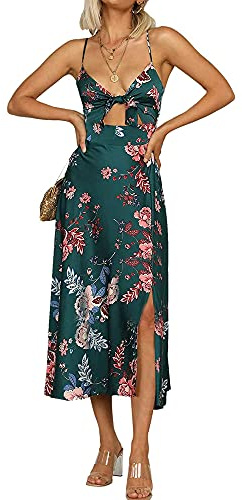 Fashionme Women Spaghetti Strap Midi Satin Dresses Tie Front Slit Cutout, Dark Green, X-Small