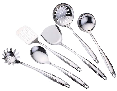 Abcsea 6 Piezas Utensilios de Cocina de Acero Inoxidable, Cuchara Perforada, Cuchara Salsera, Cuchara Ranurada, con Mango Hueco