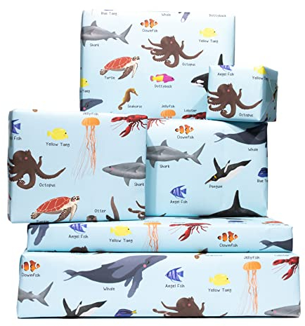 Central 23 – Geschenkpapier für Jungen – 6 Bögen Geschenkpapier für Mädchen – Meerestiere – Wal, Delfin, Schildkröte, Hai – niedliches blaues Geburtstagsgeschenkpapier für Kinder