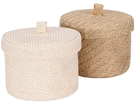Sea Team 2 Pack Jute and Cotton Linen Storage Basket Cute Round Box for Toiletry Toy Sundry Item 2 Liters Desk Gadget Organizer with Lid(Small C)