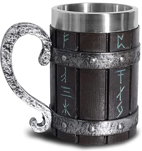 OTARTU Medieval Norse Viking Oak Wooden Beer Mug Stein with Stainless Steel Liner,Nordic Viking Runes Coffee Drink Cup for Men and Father’s Day Gift 550ml