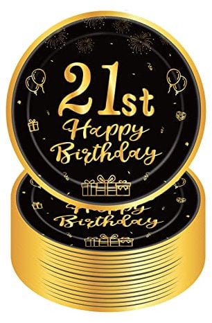 YAAVAAW Happy 21st Birthday Paper Plates 7''Black and Gold, 16Pcs Disposable Tableware Party Plates, Decorations for Boys, Girls, Kids, Him, Her Supplies Table Decor