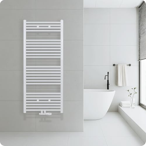 Belrad® Radiador de baño con conexión central, moderno radiador de toalla de acero de calidad, recubrimiento de polvo blanco, apto para montaje en pared y funciona con agua, calefacción de baño