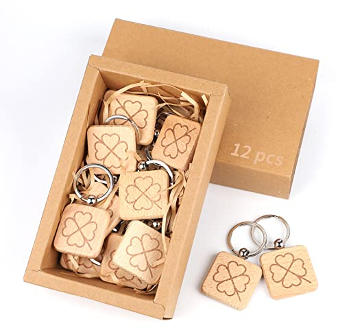 efuturetime 12PCS Glücksbringer Schlüsselanhänger Kleeblatt Holz aus Laserbedruckt Schlüssel Anhänger für Dekoration Geschenke Abschiedsgeschenk, Quadratisch