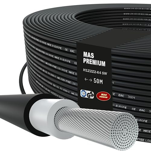 MAS-Premium Solarkabel H1Z2Z2-K, Solarleitung 4mm², TÜV-2 zertifiziert, Halogenfrei, doppelt isoliert. Frei bewegliche oder feste Verlegung in Photovoltaikanlagen. Länge: 5 bis 200m (Schwarz, 50m)