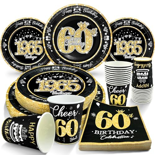 algpty 60th Birthday Decorations Black and Gold, Service for 30, Vintage 60th Birthday Party Supplies Includes Black Vintage 1965 Plates, Napkins, Cups, Plates and Napkins for Men Women