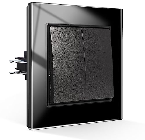 CNBINGO Lichtschalter 2 Fach 1 Weg Glas Lichtschalter Unterputz, Schraubenloser Wippschalter Taktiler Wandschalter Kristall-Wippschalter, schwarz
