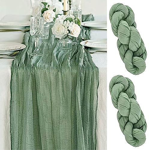 Frepea 2 Stück Tischläufer mit Falten 90x300CM Tischband Salbeigrün Käsetuch Tischläufer Tischdeko für Hochzeit/Geburtstag
