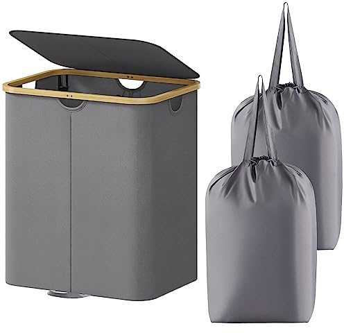 Lifewit 120L Laundry Basket with Lid, Clothes Hampers for Laundry with Bamboo Handles and Removable Laundry Bags, Large Foldable Laundry Hamper for Bedroom, Bathroom, Dorm, Laundry Room, Grey