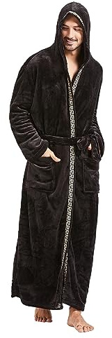 FashGudim Men's Hooded Plush Robe with Black Trim Full Length Plush Long Robe for Men Big and Tall Warm Fleece Bathrobes House Robes