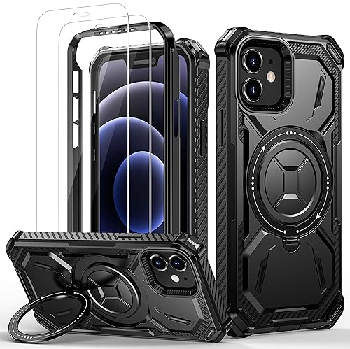 Lanhiem Coque pour iPhone 12, Coque pour iPhone 12 Pro avec 2 Verre Trempé, Antichoc Étui de Militaire Protection, Anneau Support Renforcée Armure Housse, Noir