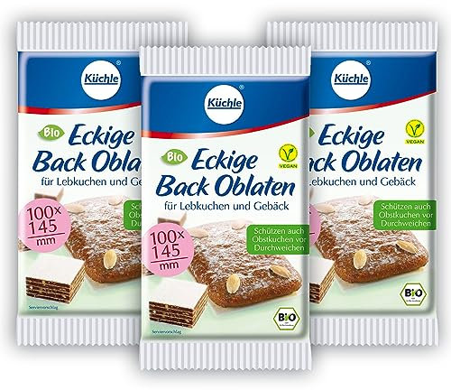 Küchle eckige Back Oblaten Bio Vegan 100mm 40g pro Packung 3er Pack Esspapier zum Backen von Makronen & Lebkuchen