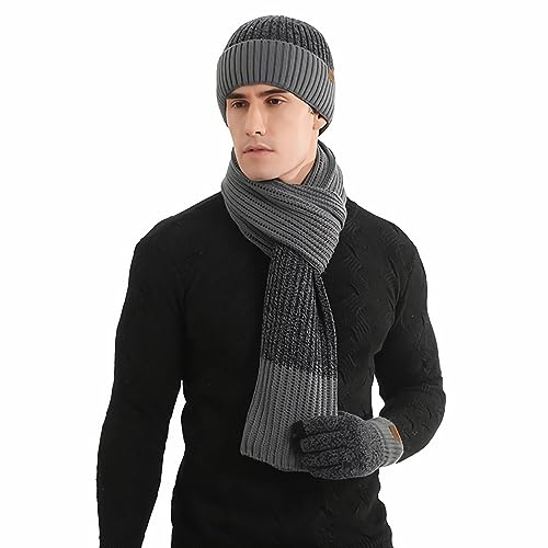 Hilmocho Herren Hut Schal Handschuhe Set 3 in 1 Winter Warm Gestrickte Mütze Lange Schal Touch Screen Handschuhe Geschenk Set