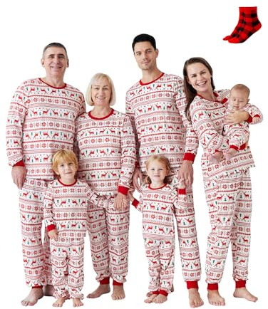 PATPAT Familien Weihnachtspyjama Set, Partner Pyjama Familie Set, Weihnachtsoutfit für Familie, Mutter Tochter Kleidung - Komfortables Weihnachtskleidung Familie Set, Rot-weiß, Damen: L