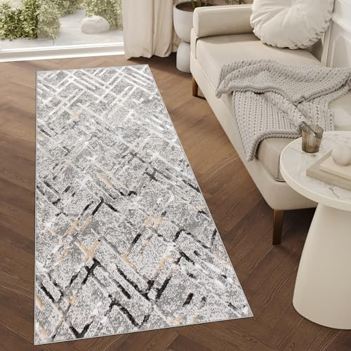 TAPISO Crystal Läufer Teppich Glänzend Hellgrau Schwarz Beige Abstrakt Zigzag Wohnzimmer Schlafzimmer Flur Korridor Modern Design ÖKO-TEX 120 x 400 cm