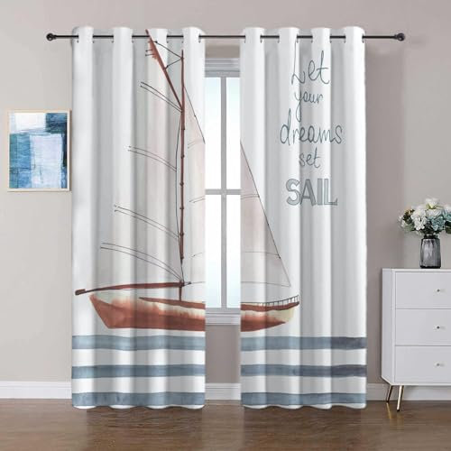 Blackout Curtains Simple Ocean Sailing Boat Printed Eyelet Curtains Super Soft Thermal Insulated Bedroom Curtains Living Room Windows Curtains W 30 x L 66 (2 Panels)