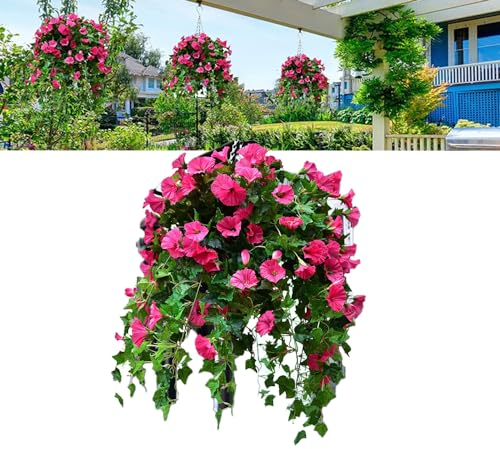 DYJAGYO Flores Artificiales simuladas con Rayos UV, 24 Ramos de Petunias Artificiales, macetas Colgantes para Interior y Exterior, Flores Artificiales realistas Resistentes a los Rayos UV (Rose,2Pcs)