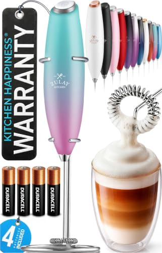 Zulay Kitchen Powerful Milk Frother Handheld Foam Maker for Lattes - Whisk Drink Mixer for Coffee, Mini Foamer for Cappuccino, Frappe, Matcha, Hot Chocolate by Milk Boss (Bubblegum)
