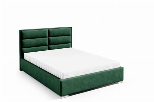 LIKMA Polsterbett Flaschengrün 200x200 cm mit Stauraum Verchromte Füße Doppelbett mit Kopfteil 11 cm Gepolsterter Stoffett mit Gaslift Stoffbett Bettgestell Ohne Matratze Stoff: Riviera 38