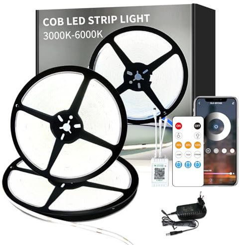 Yeewhale 30m Dimmable COB LED Strip 6000K Weiß 24 V Flexible COB led streifen Set,App Steuerung mit Fernbedienung Bright Under-Unit Led Light for Home Party DIY Decoration