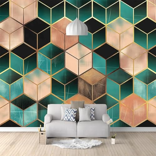 3D Panoramique Murale Art Géométrique Cube En Feuille D'Or, Papier Peint Intissé 350x256cm, pour Salon, Chambre Enfant, Décoration Murale, Émeraude Poster Tableaux Photo Muraux