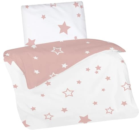 Aminata kids Kinderbettwäsche 100x135 Sterne Mädchen weiß rosa Baumwolle mit YKK Reißverschluss Kinder-Wende-Bettwäsche-Set Stern-Motiv