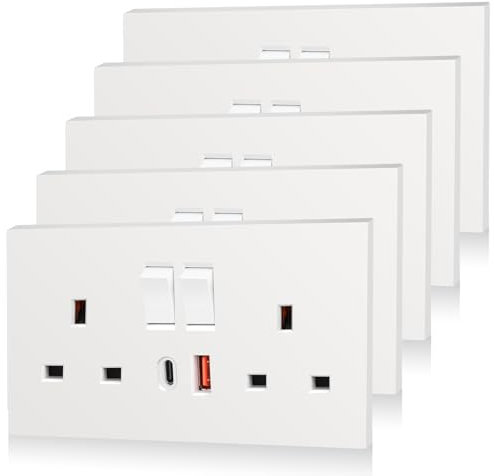 5 Pack CNBINGO USB Type C Double Socket, 20W Max Fast Charging, Double Switched Socket with 20W PD USB C and A, Electric Power Sockets 2 Gang 13 Amp, White Double Wall Outlet