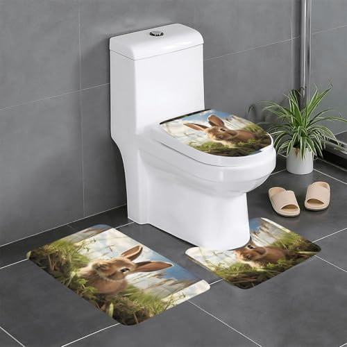 WZYWHJ Bunny on Green Grass Prints Bathroom mat Sets of 4 Bathroom Floor Mats,Non-Slip, Durable,Does Easy to Clean Suitable for Bathroom and Toilet