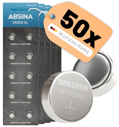 ABSINA 50x Pila SR626SW para Reloj 1,55V óxido de Plata - Pilas Reloj SR626SW a Prueba de Fugas y de Larga duración - 377 / SR66 / SR626 / 626 / AG4 - Pila 377A