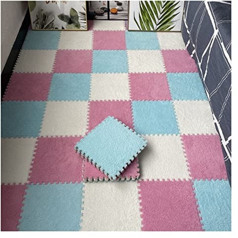 12 Pcs Interlocking Carpet Tiles for Living Room and Bedroom Plush Foam Square Floor Mats Set for Hard Floors 12 Tiles/12 Sq.Ft Light Blue Pink and White Color Options