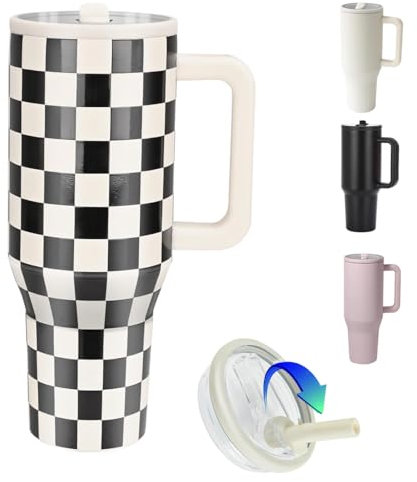 ZHUIYIWIN Tumbler with Folding Straw and Handle, Water Bottle Coffee Cup Travel Mug for Cold or Hot Drinks, Double Wall Stainless Steel Vacuum Insulated Tumbler (Black/White Checked Pattern, 1180 ml)